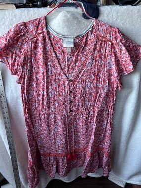 Knox Rose Floral Button-Front Tunic Dress in Coral Pink tie waist